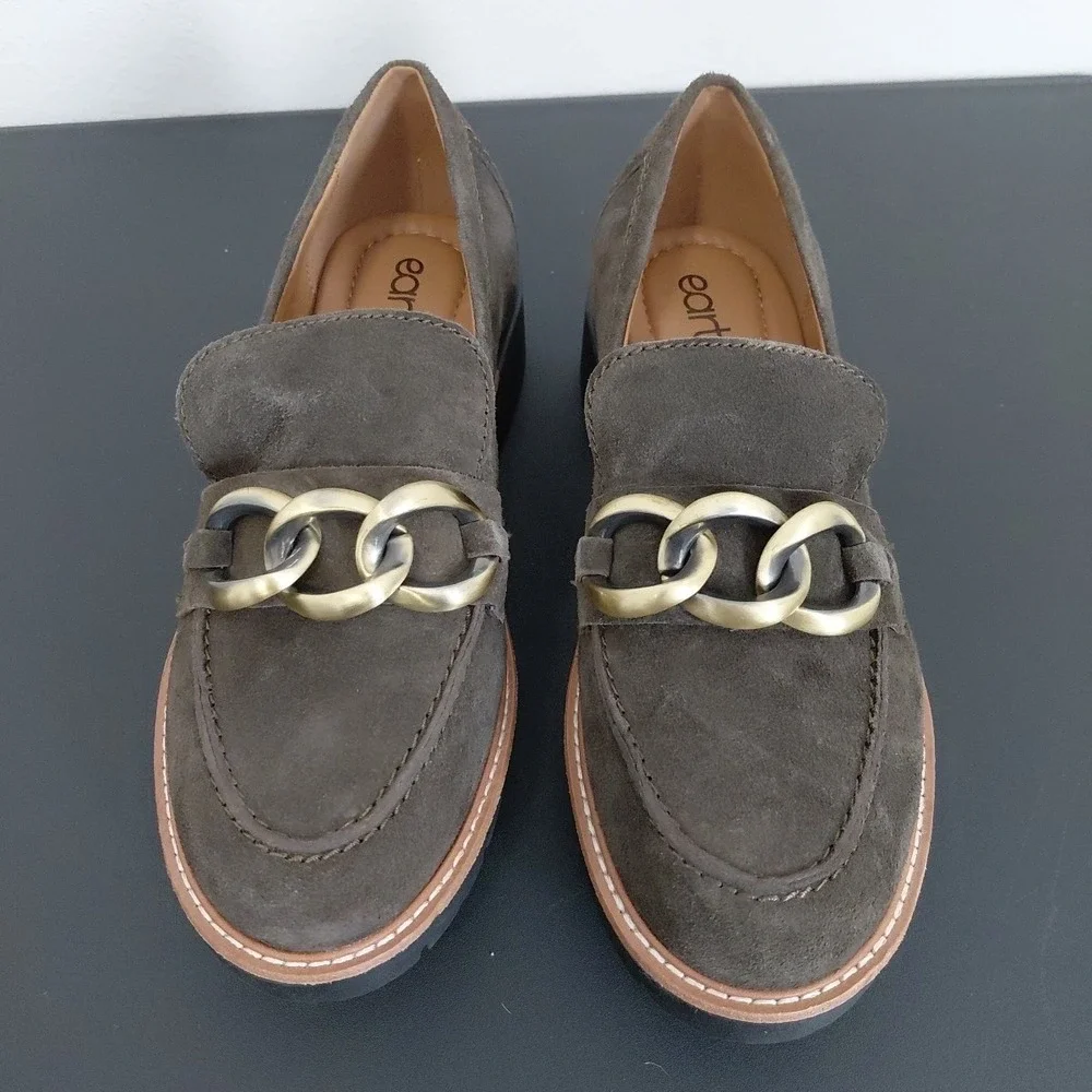 EARTH Lug Loafers Womens 9M Dark Khaki Etzalor Leather Chain Comfort Chic NEW - Picture 2 of 9